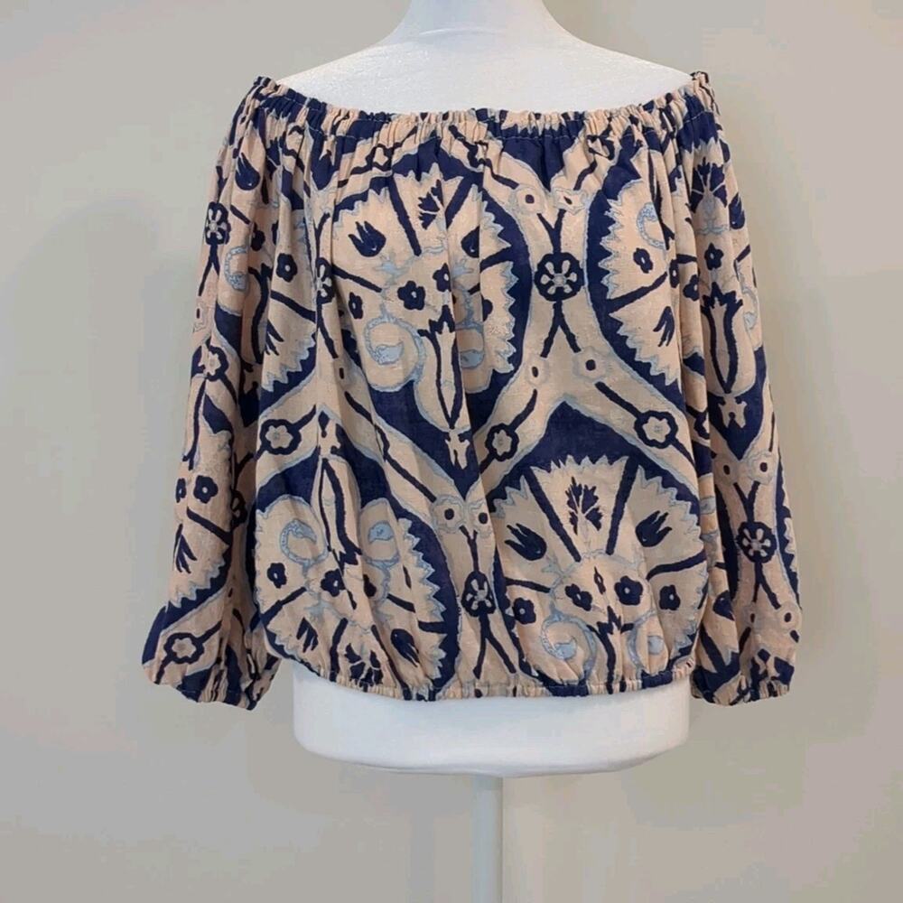 Christian Siriano Womens M Off Shoulder Boho Linen Blend Crop Top Elastic Waist